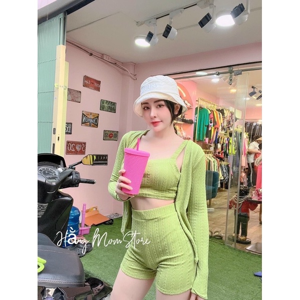 Set Bộ 3 Món Áo Croptop Dây Bản To Short Siêu Cao Kèm Khoác Dài Gân Xương Cá