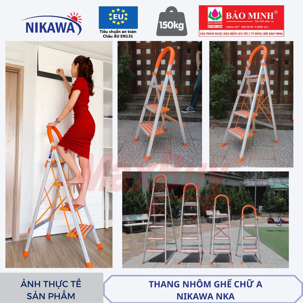 Thang nhôm ghế chữ a tay vịn 3 4 5 6 bậc xếp gọn NIKAWA thương hiệu nhật bảo hành 18 tháng giao hỏa tốc HN NKA MAXBUY