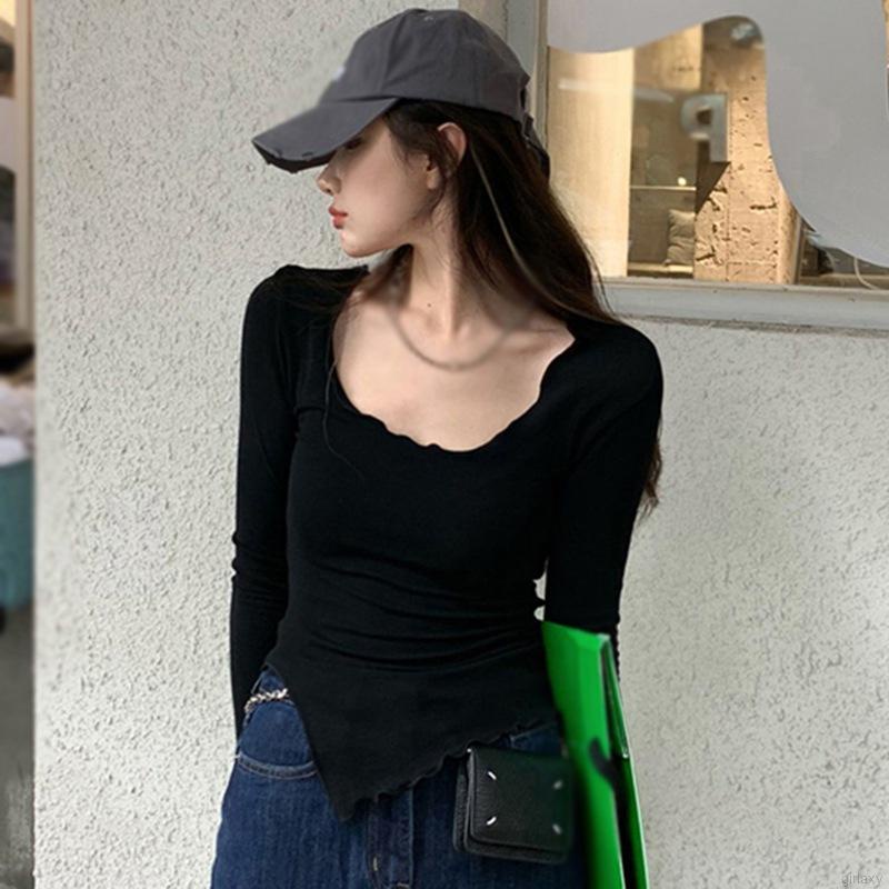 Áo thun tay dài màu trơn cổ tròn đơn giản phong cách Hàn Quốc