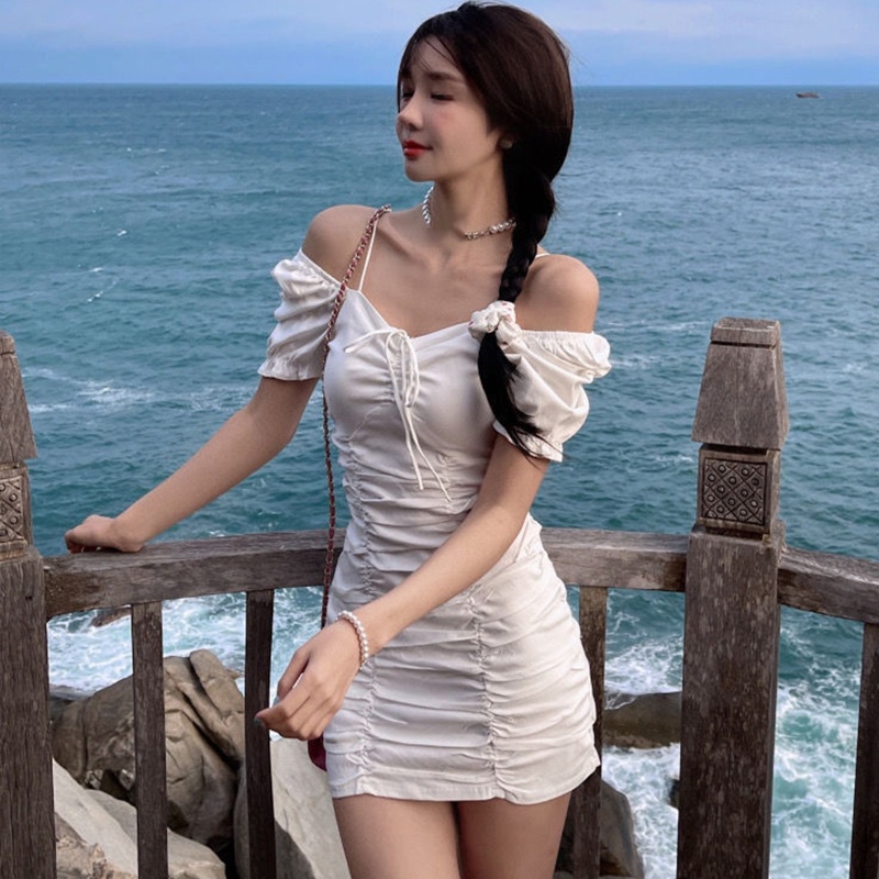 Brroa Đầm Ngắn Mini Ôm Dáng Tay Phồng Cổ Vuông Có Gân Co Giãn Dành Cho Nữ Dự Tiệc