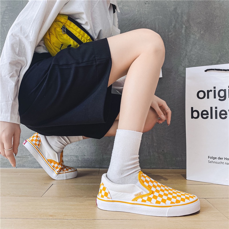 Giày Lười Vải Canvas Họa Tiết Ca Rô Đen Trắng Thời Trang Hàn Quốc Cho Nam Và Nữ FT6281