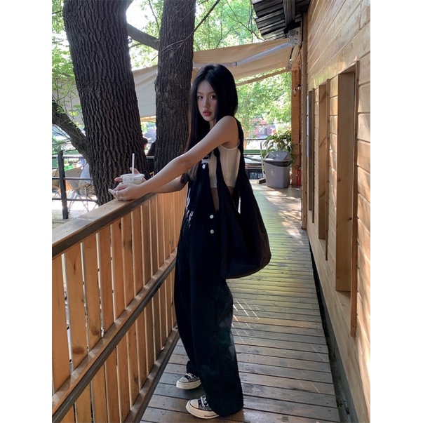 Quần bò yếm jeans đen ống rộng basic ulzzang Hàn Quốc Yannie