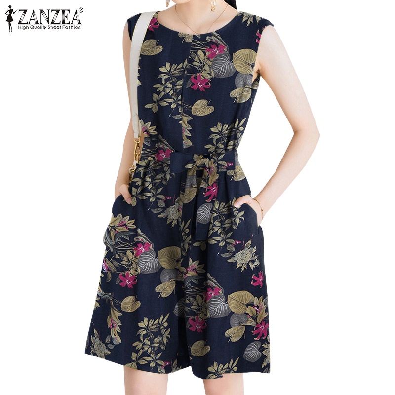 Áo liền quần ZANZEA không tay cổ tròn phong cách vintage nhiều màu sắc thời trang cho nữ