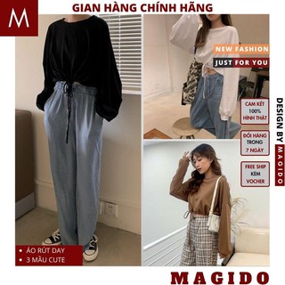 Áo croptop rút eo nữ 💚 áo nữ chun eo trơn dài tay unisex ,áo nữ rút eo đen cách hàn quốc 3 mầu cute magido