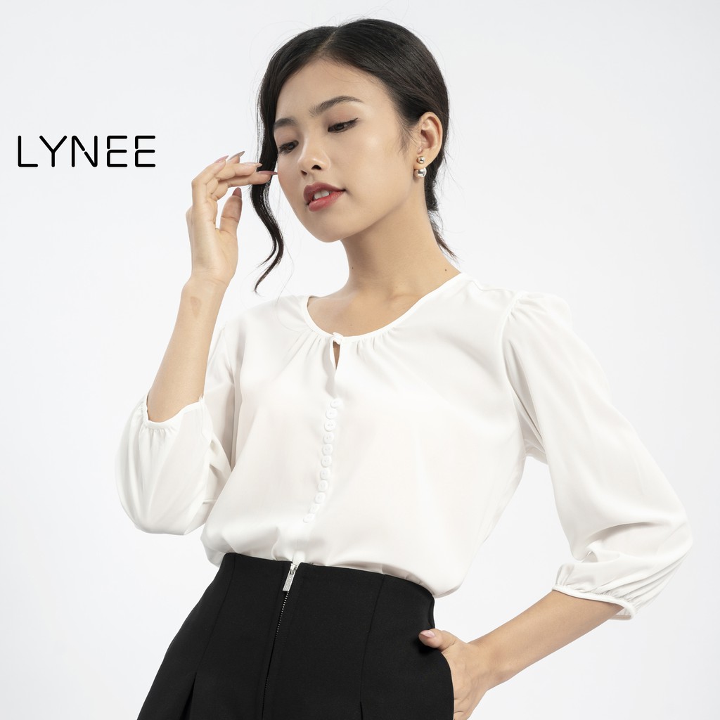 Áo sơ mi nữ kiểu bánh bèo LYNEE áo kiểu cổ tròn nút giả tay lỡ nhúm thun - A16