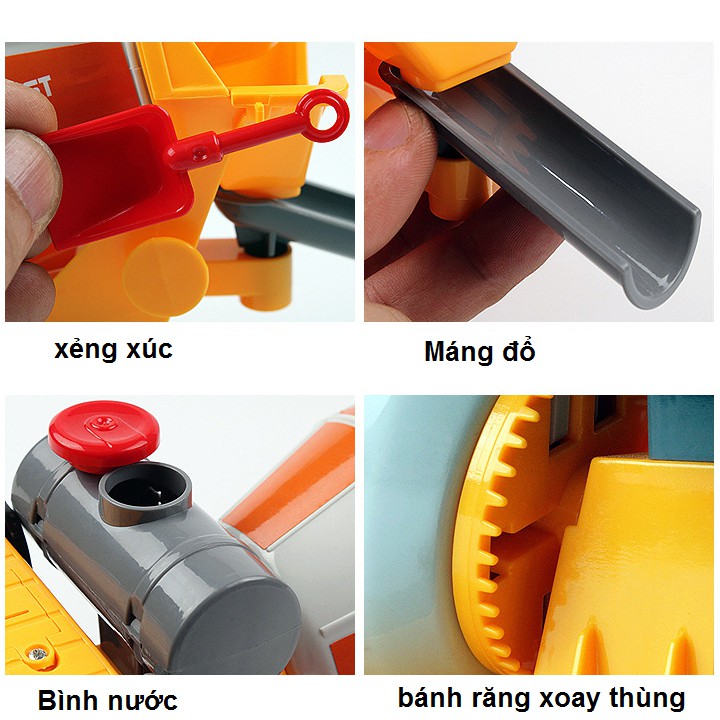 Xe trộn bê tông đồ chơi trẻ em cỡ trung bình tỉ lệ 1:16 xe chạy đà có âm thanh và đèn