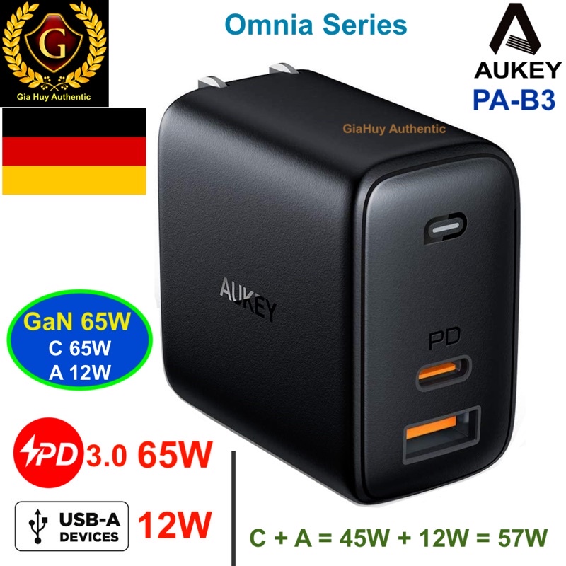 Củ sạc Macbook Pro 13 inch, iPad Pro, iPhone 12, Note 9, S9 AUKEY PA-B3 Omnia GaN PD 3.0 65W & AiQ 12W (1C&1A)