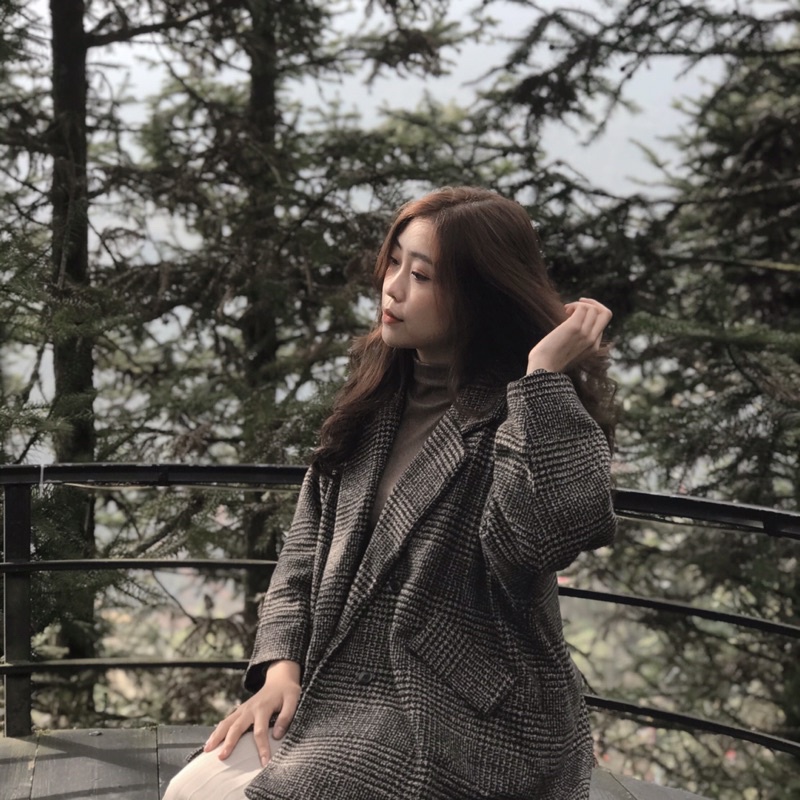 Áo dạ kẻ nâu dày form rộng dáng Hàn hai lớp