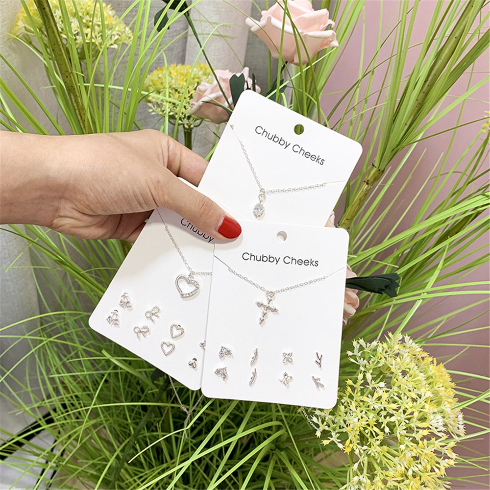 Set 4 đôi khuyên tai + dây chuyền mạ bạc đính đá sang trọng hợp thời trang
