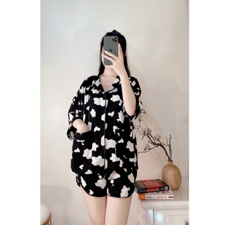 HÓT  Đồ Ngủ Bò Sữa Quần Đùi Áo Cộc Siêu HOT Chất Liệu Lụa Mango Cao Cấp Mềm Mát , Bộ mặc nhà in họa tiết nhiều màu