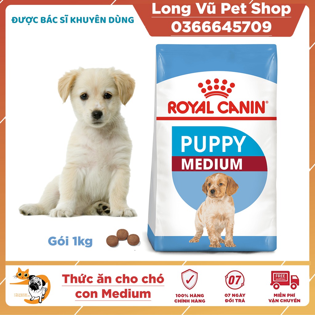 Thức ăn cho chó con dưới 10 tháng, khi trưởng thành trọng lượng 11-25kg Royal- canin medium puppy 1kg(giao hàng nhanh)