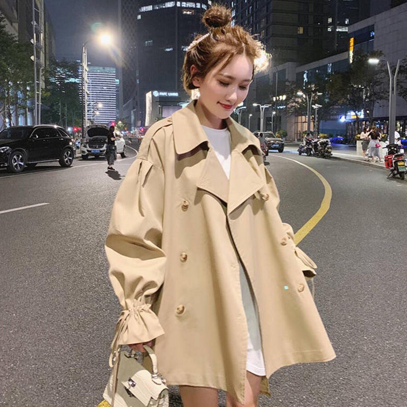 2021 autumn new rope Korean version loose short trench coat retro network celebrity popular student coat girl