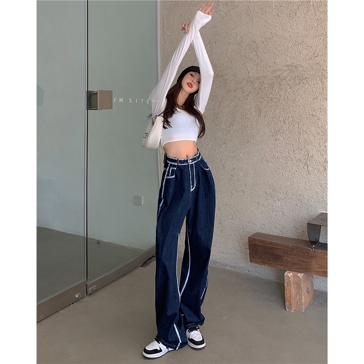 Quần denim Xanh Ống Rộng Lưng Cao Thiết Kế Mới Thời Trang Theo Phong Cách Mỹ Cho Nữ