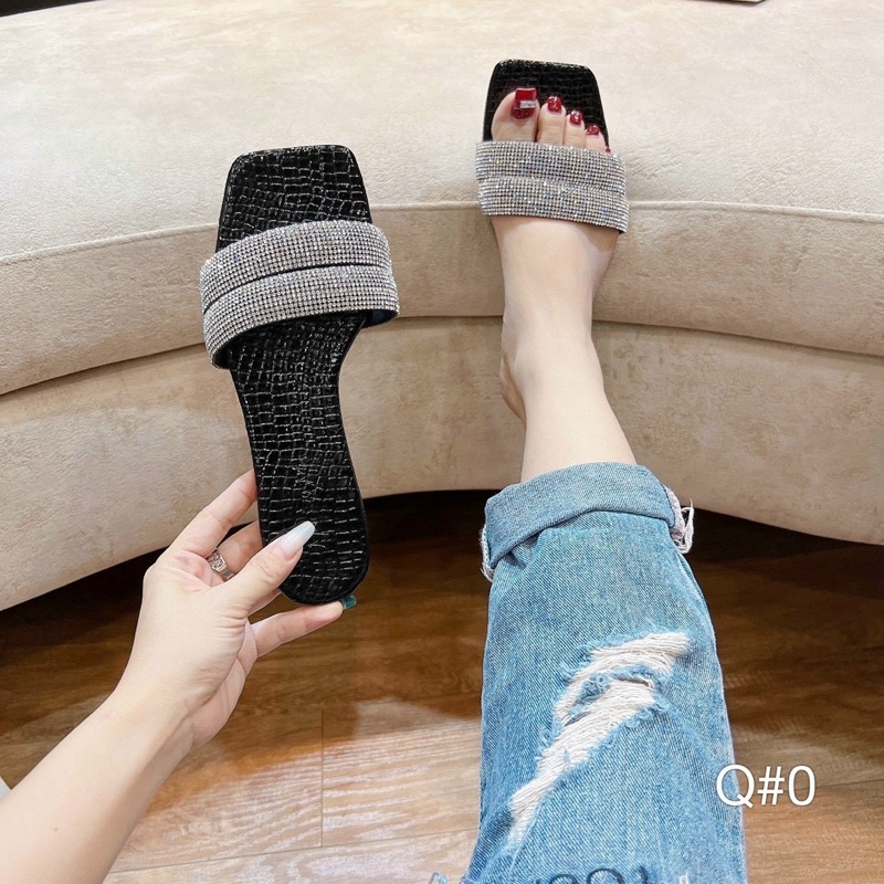 Dép nữ quai ngang đính đá bản to sang chảnh - Dép xẹp kiểu nữ thời trang
