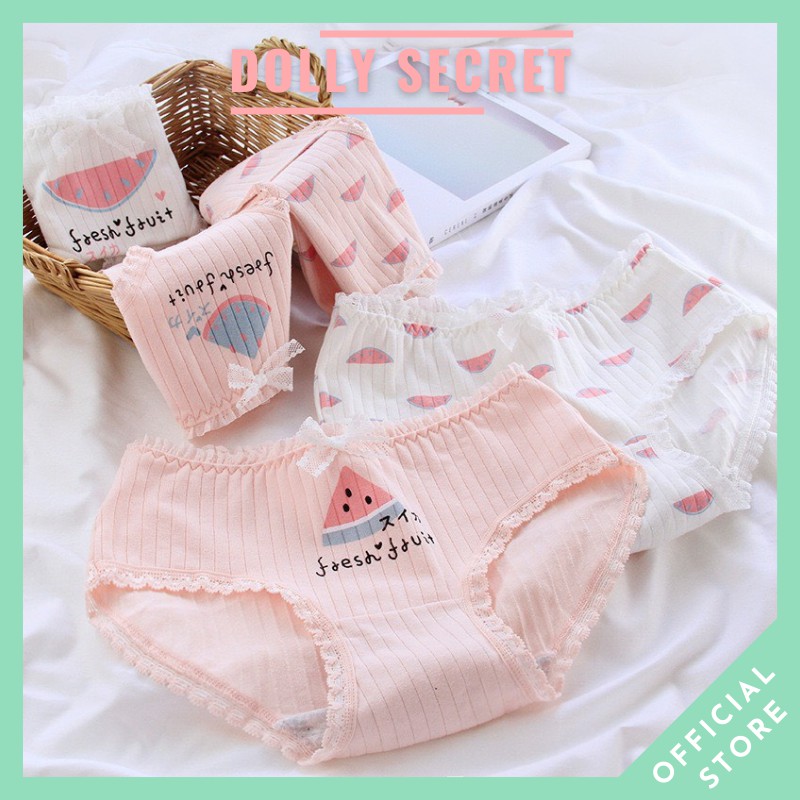 Quần lót nữ len tăm tone màu hồng trắng đáng yêu nâng mông họa tiết dưa hấu dễ thương DOLLY SECRET QL033