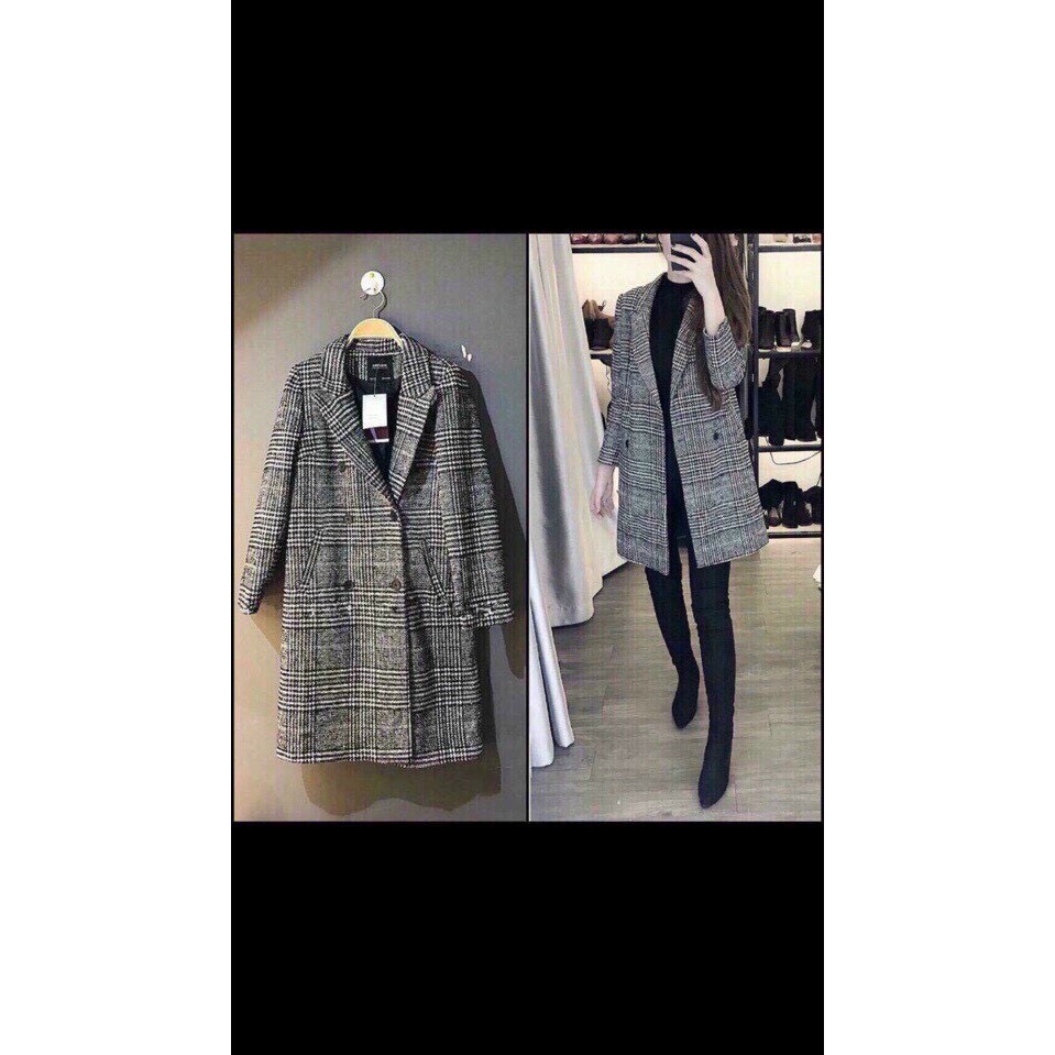 Áo Khoác Dạ Bầu Kẻ Caro Vải Dạ 2 Lớp Freesize&lt;68kg