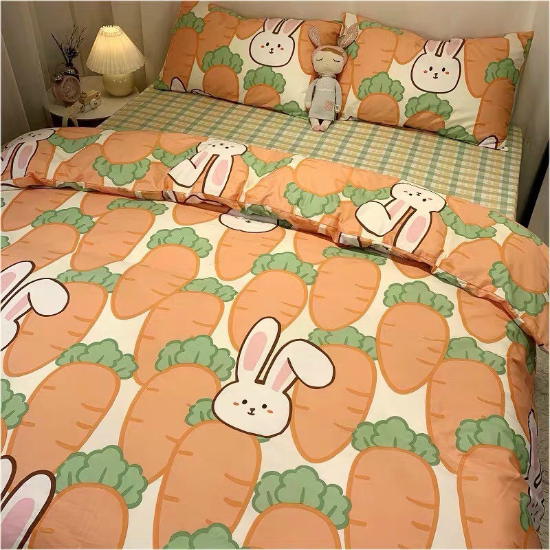 Bộ chăn ga Cotton Poly M2T bedding chăn ga Hàn Quốc thỏ ăn cà rốt đủ size miễn phí bo chun