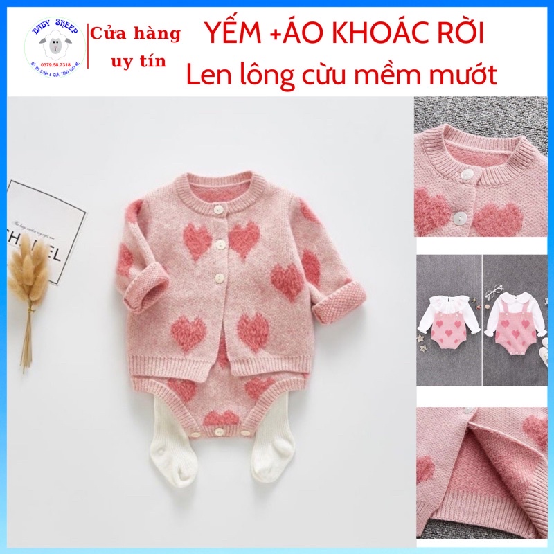 Bộ yếm len lông cừu và áo khoác cardigan họa tiết trái tim dành cho bé gái HÀNG CAO CÂP LOẠI 1