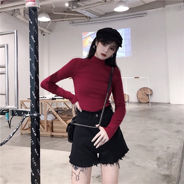 Áo dài tay ulzzang áo cotton nữ cổ cao nhiều màu đen trắng nâu trơn | BigBuy360 - bigbuy360.vn