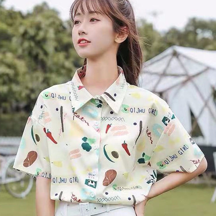 Áo sơ mi nữ màu xanh lá cây in ngắn tay mùa xuân và mùa hè 2021 phong cách mới phong cách đại học Nhật Bản