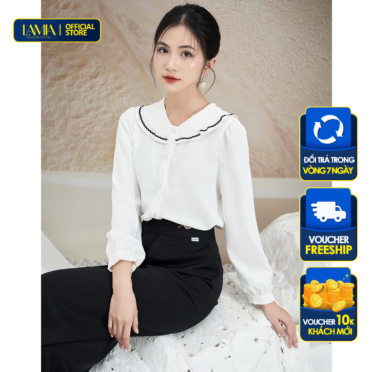 Áo sơ mi nữ thiết kế Lamia Design LA285 màu trắng phối bèo diềm đen tinh tế nhã nhặn