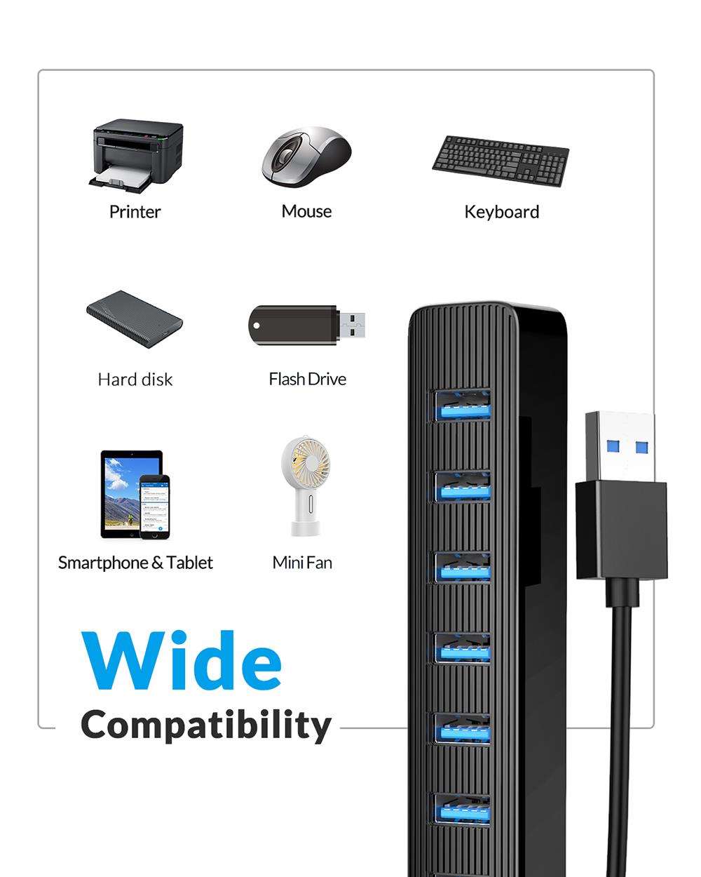 Thiết bị chuyển đổi HUB 7 cổng USB3.0 ORICO TWU3-7A-BK có cổng cấp nguồn điện Type-C tiện dụng