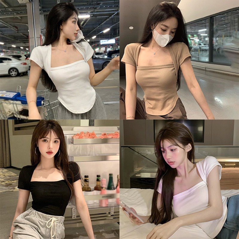Áo Thun Croptop Cổ Vuông Tay Ngắn Màu Trơn Phong Cách Thời Trang Hàn Quốc Dành Cho Nữ