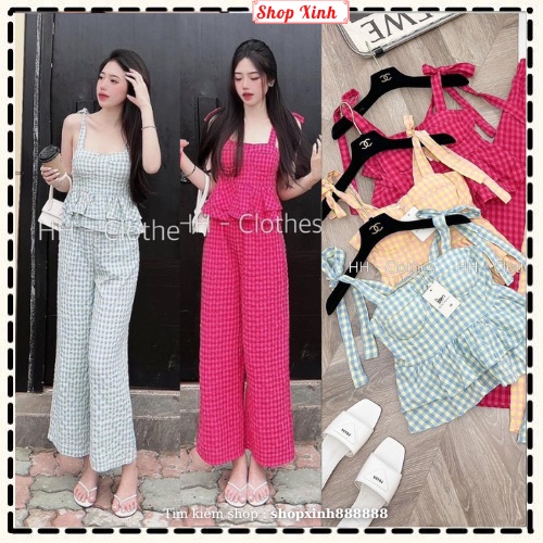 Set áo babydoll 2 dây kẻ xanh/đỏ/cam cúp ngực kèm quần suông, Set kẻ caro 3 màu xinh xắn