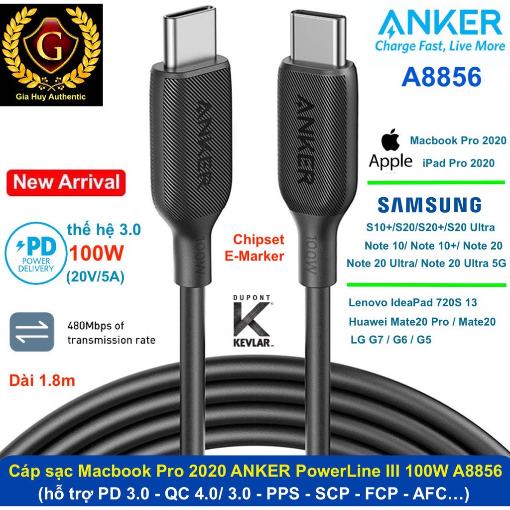 Cáp sạc Macbook Pro 16 inch 2021, iPad Pro 2021, Note 10+, Note 20 Ultra 5G ANKER A8856 PowerLine III PD 100W dài 1.8m