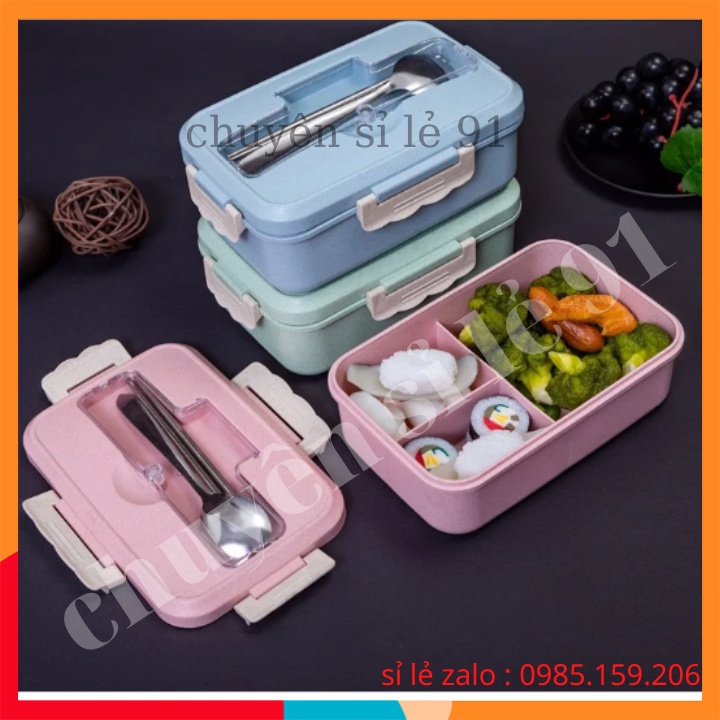 Hộp đựng cơm lúa mạch 3 ngăn, hộp cơm văn phòng tặng kèm thìa và đũa inox.3A