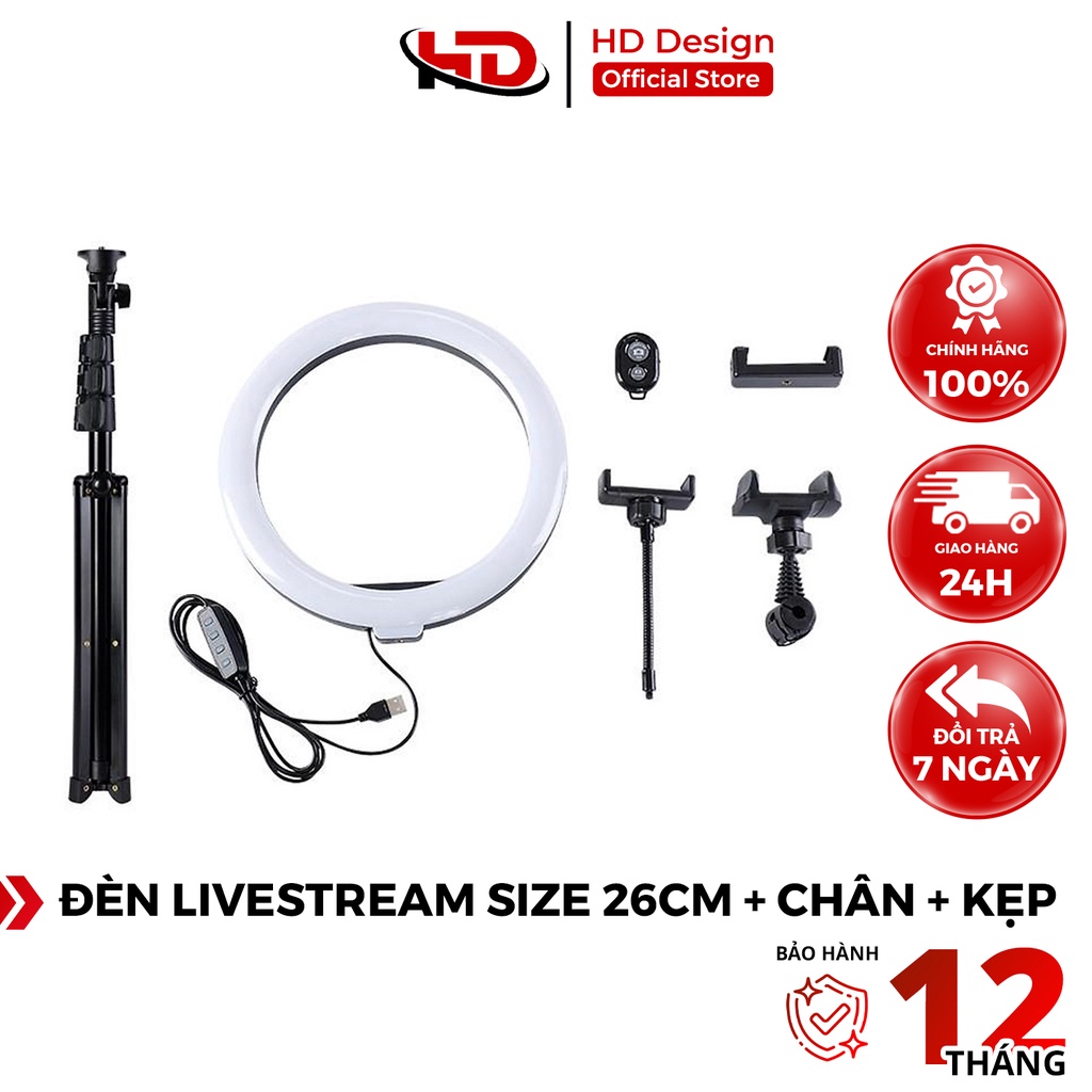 Đèn Livestream Size 26cm + Chân Đèn + Kẹp, Hỗ Trợ Quay Tiktok, Make Up, Phun Xăm - Chính Hãng HD DESIGN