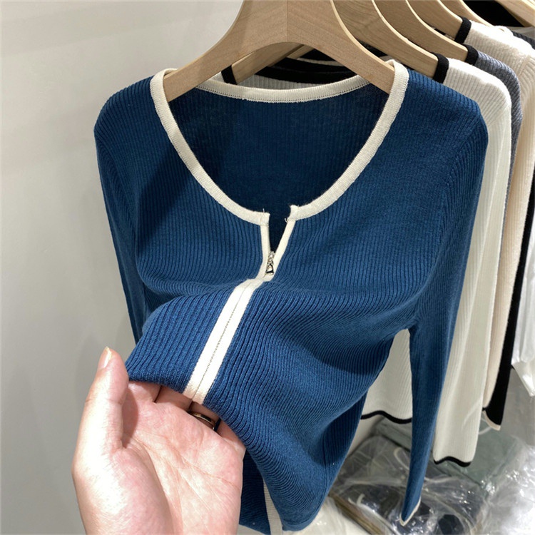 Áo Sweater Dệt Kim Tay Dài Dáng Ôm Màu Sắc Tương Phản Thời Trang Mùa Thu Cho Nữ