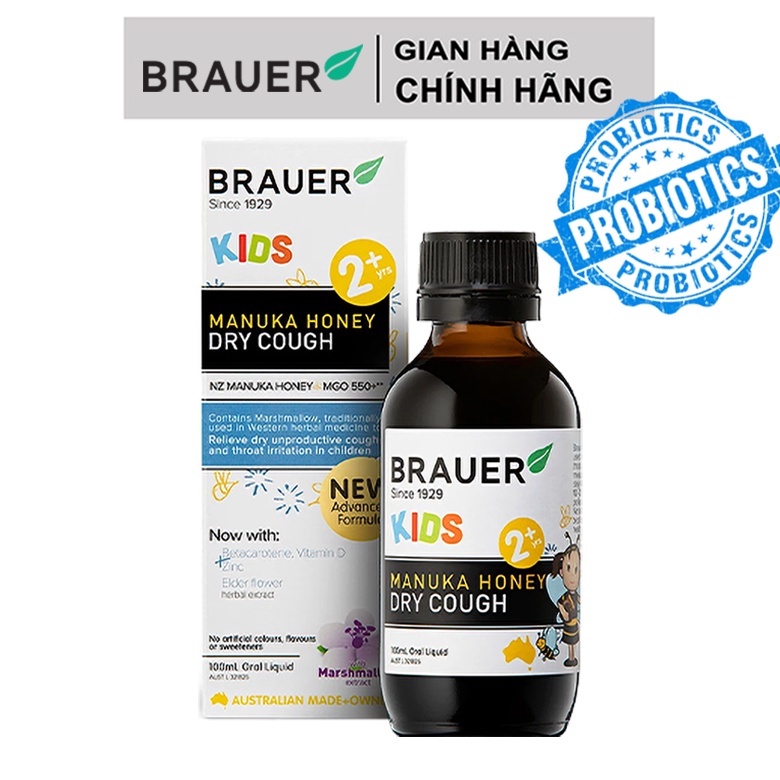 Siro giảm ho có đờm Brauer Kids Manuka Honey Dry Cough 100ml - QT029