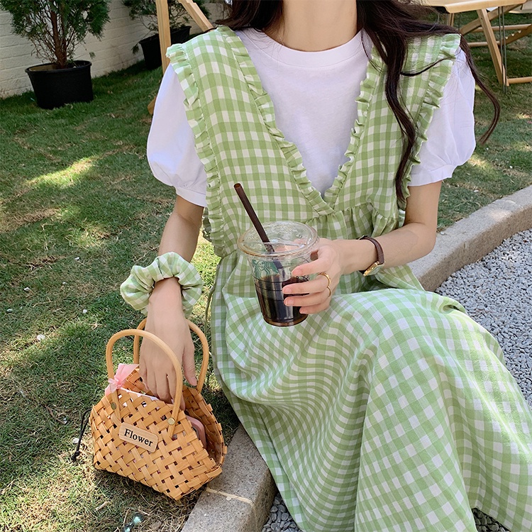 Váy dài nữ, Yếm kẻ caro 💋phong cách ullzang💋 thắt dây vải cotton mềm mát bánh bèo