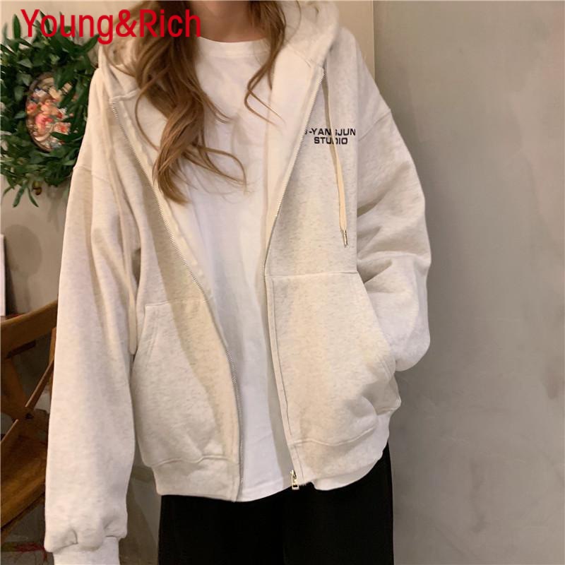 Y & R Áo Khoác Cardigan Có Mũ Trùm Dáng Rộng Dày Dặn Phong Cách Hàn Quốc Hợp Thời Trang Thu Đông bf Dành Cho Bạn Nữ