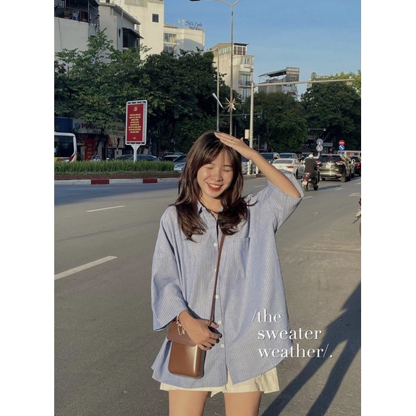 Áo sơ mi nữ tay lỡ chất thô mềm form oversize hoạ tiết kẻ sọc ver2 - The Sweater Weather | BigBuy360 - bigbuy360.vn