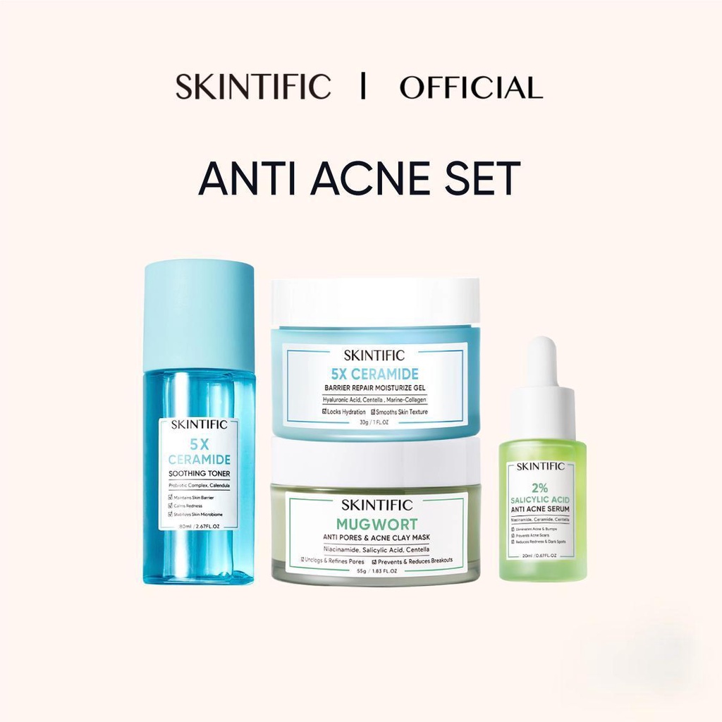 Combo giảm mụn SKINTIFIC gồm Mặt nạ đất sét ngải cứu 55g + Toner 5X 80ml + Serum giảm mụn 20ml + Kem dưỡng ẩm 5X 30g