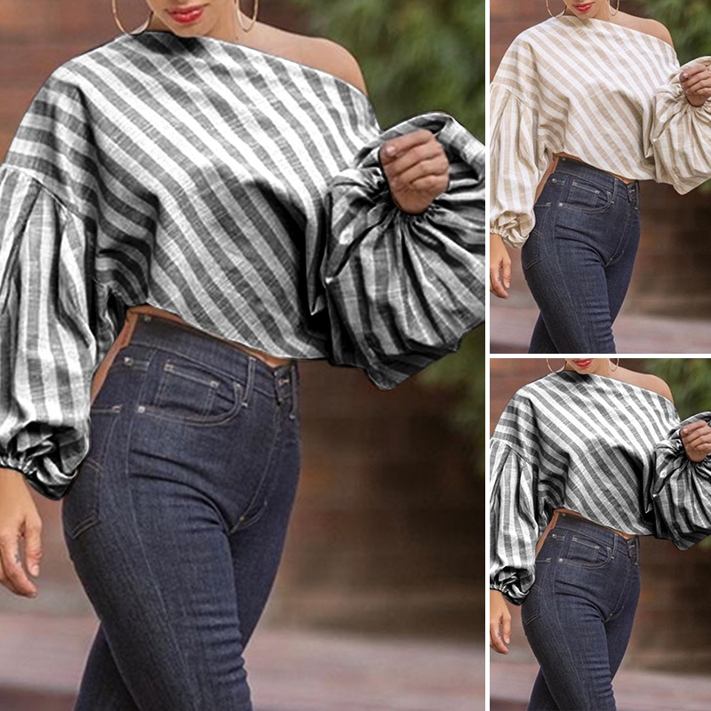 Áo kiểu Zanzea tay phồng họa tiết sọc thanh lịch cho phái nữ