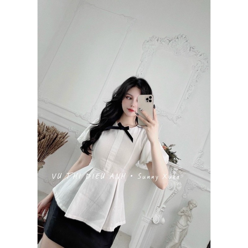 Áo peplum cổ nơ