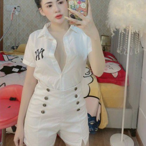 Áo sơ mi nữ tay ngắn in logo N-Y trước sau vải Cao cấp