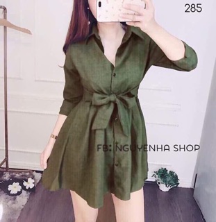 Đầm sơ mi kate xoè cột eo