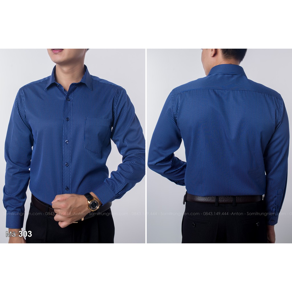 [HÀNG VIỆT NAM] Áo Sơ Mi Nam Công Sở Trung Niên Thương Hiệu Anton Dài Tay Vải Cotton Kẻ Sọc Dọc Màu Xanh Tím Than - 303 | BigBuy360 - bigbuy360.vn