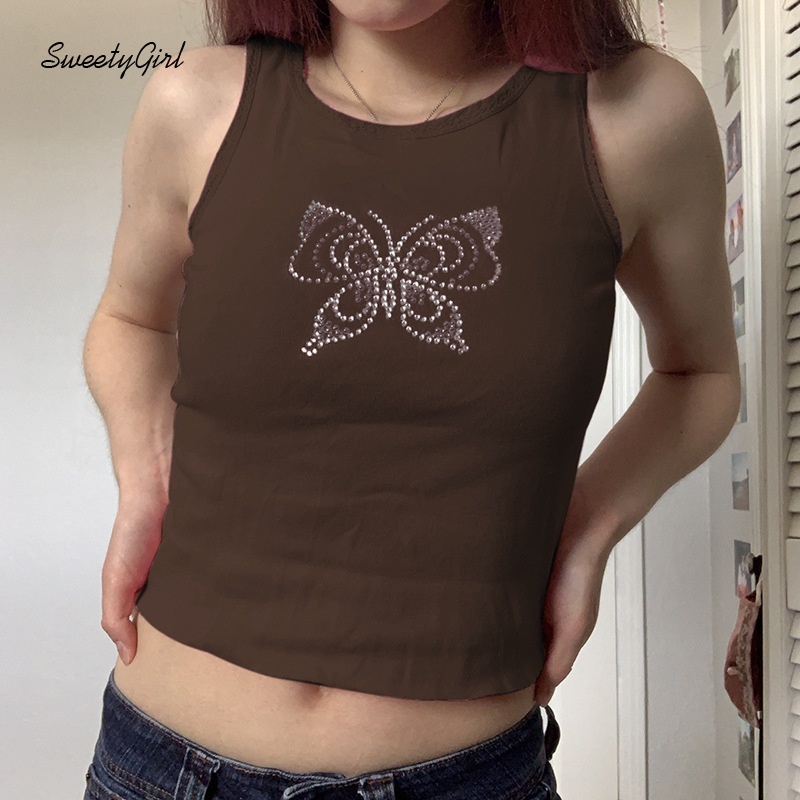 Áo hai dây cổ tròn viền ren đính đá hình bướm thời trang cho nữ