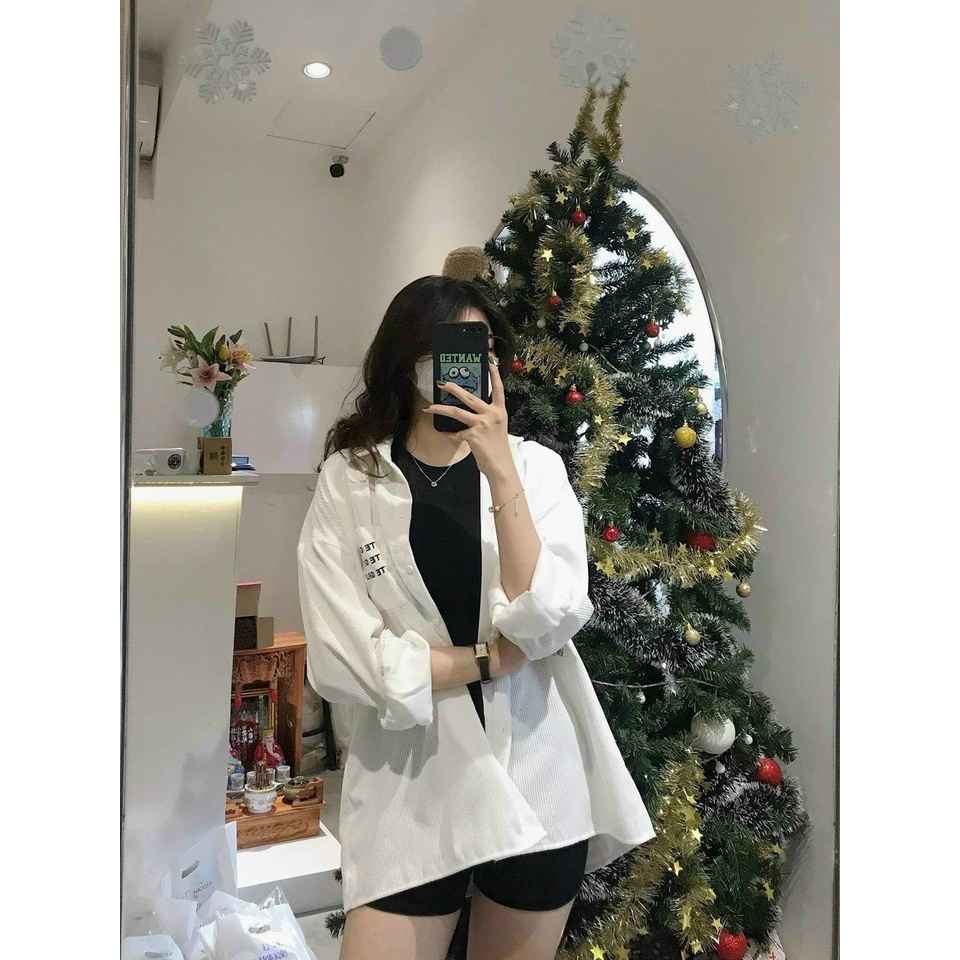 Áo Sơmi Nhung Gân phối 2 túi logo chất đẹp unisex nam nữ form rộng dáng ulzzang
