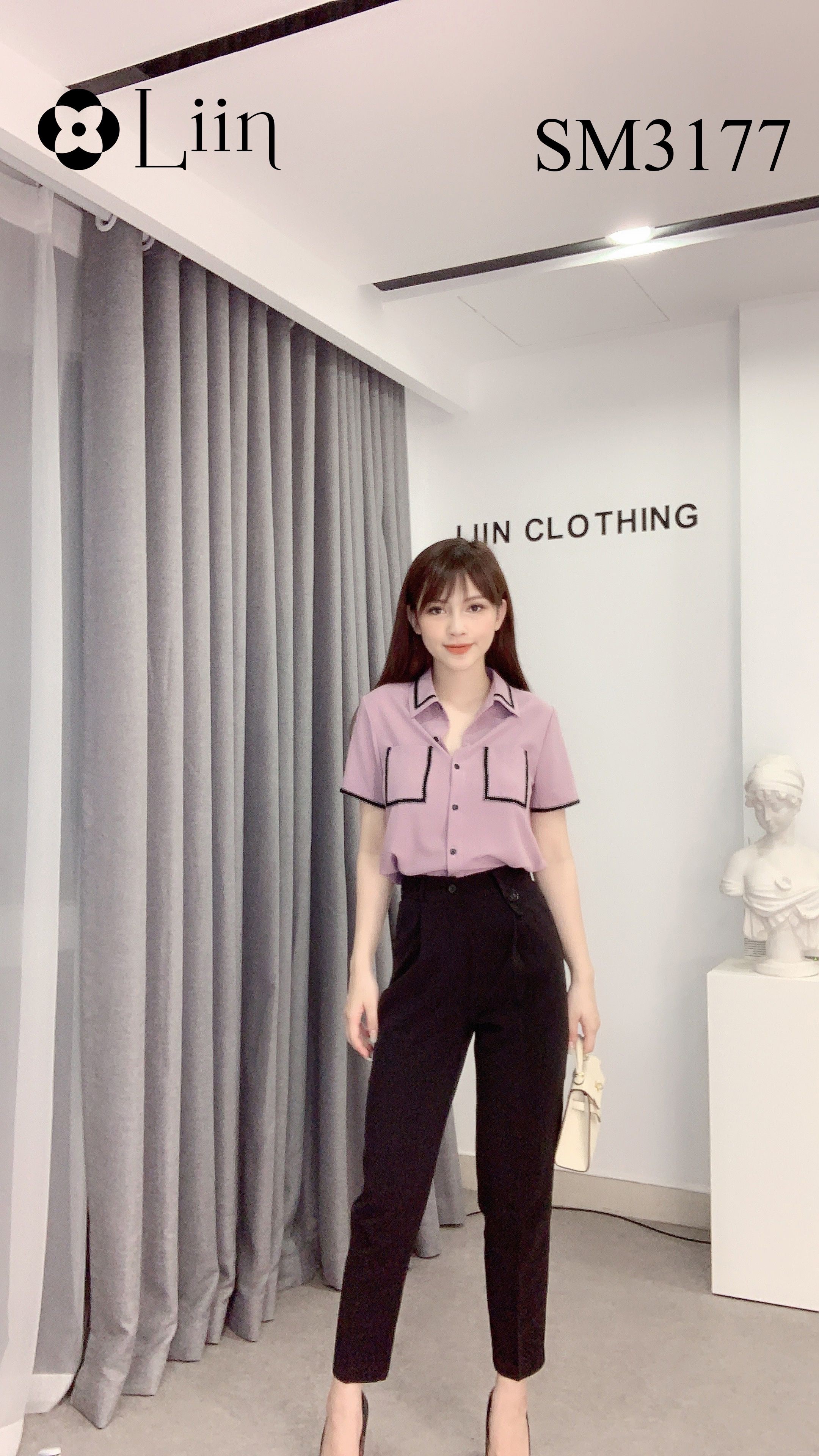 Áo sơ mi Cộc Tay tím Khoai Môn phối túi chất mát mix viền đen xinh xắn Liin Clothing SM3117