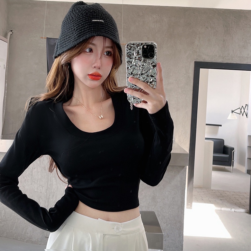 Áo Croptop Tay Dài Cổ Chữ U Màu Sắc