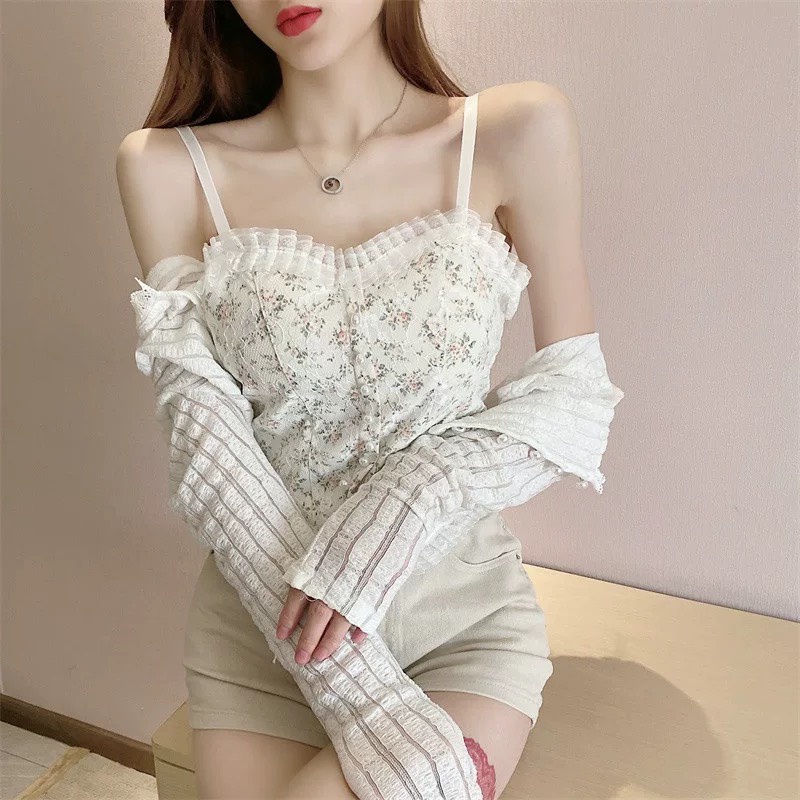 Áo hai dây bra ren lót ngực hoa nhí đính khuy Áo hai dây mẫu mới Pasana0095