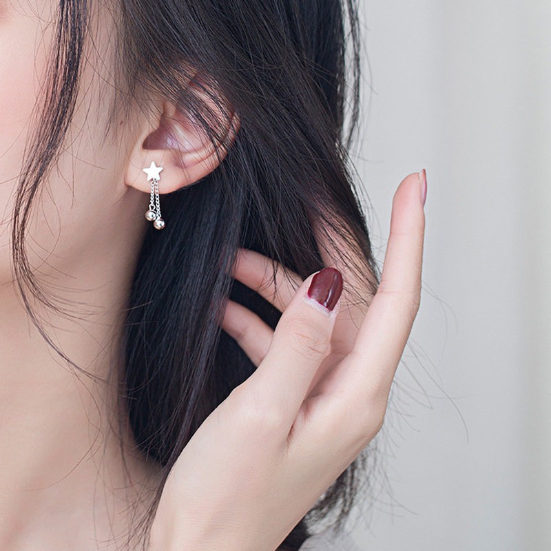 Khuyên tai hình ngôi sao phối hạt tròn tua rua phong cách Hàn Quốc thời trang dễ phối đồ