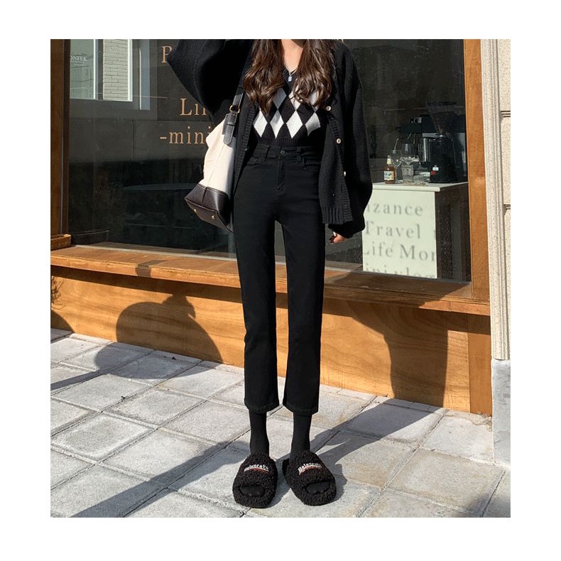 Quần jeans Đen Lưng Cao Co Dãn Thời Trang Hàn Quốc Cho Nữ