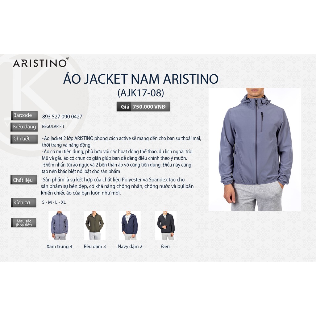 (ARISTINO SALE) Khoác gió chống nước ARISTINO size XL, AJK17-08, TAG 750K | BigBuy360 - bigbuy360.vn